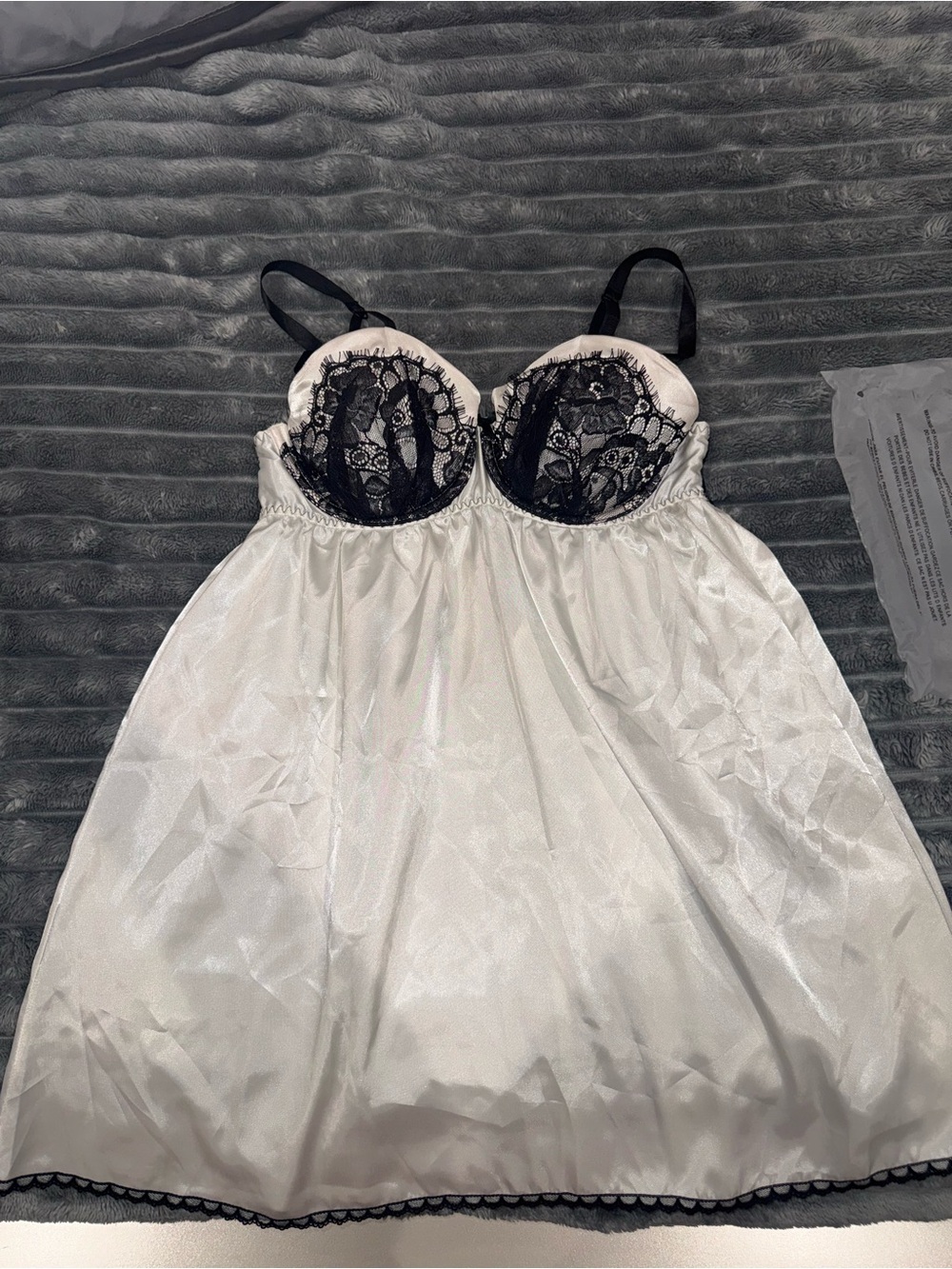 Cacique White Satin Lingerie with Black Detailed Lace Cups
